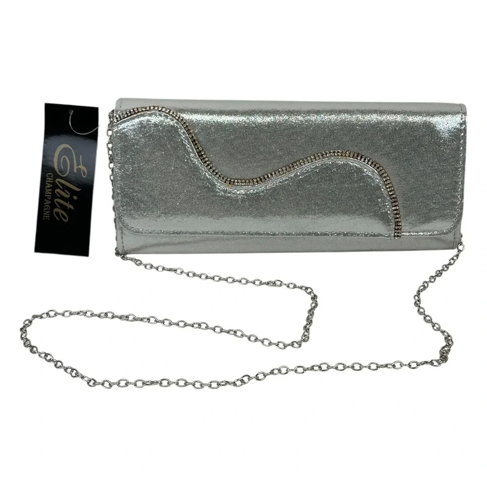 NWT Elite Champagne Clutch Purse Womens One Size Silver Glitter Rhinestone Chain